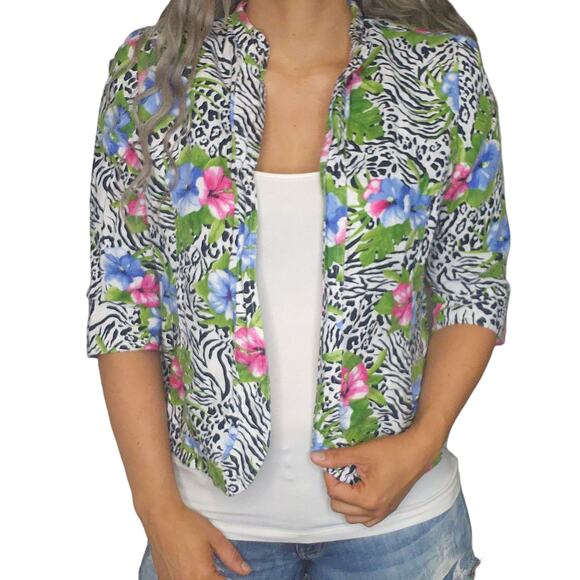 Vintage Hawaiian Cardigan Womens PL Large Petite 100% Linin Hibiscus Zebra Print - Picture 2 of 16